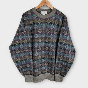 Nomadic Traders Vintage Grandpa Sweater Multicolor Knit Geometric Wool XL